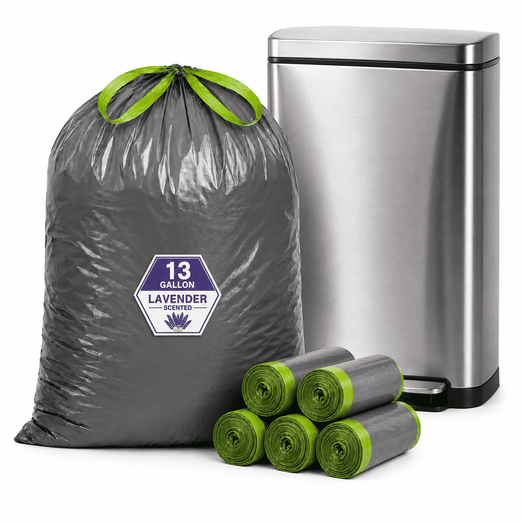 13 Gallon Lavender Scented Trash Bags (100 Count), Tall Kitchen Drawstring Garbage Bags, Gray, High Density, Fits 10–13 Gallon Cans