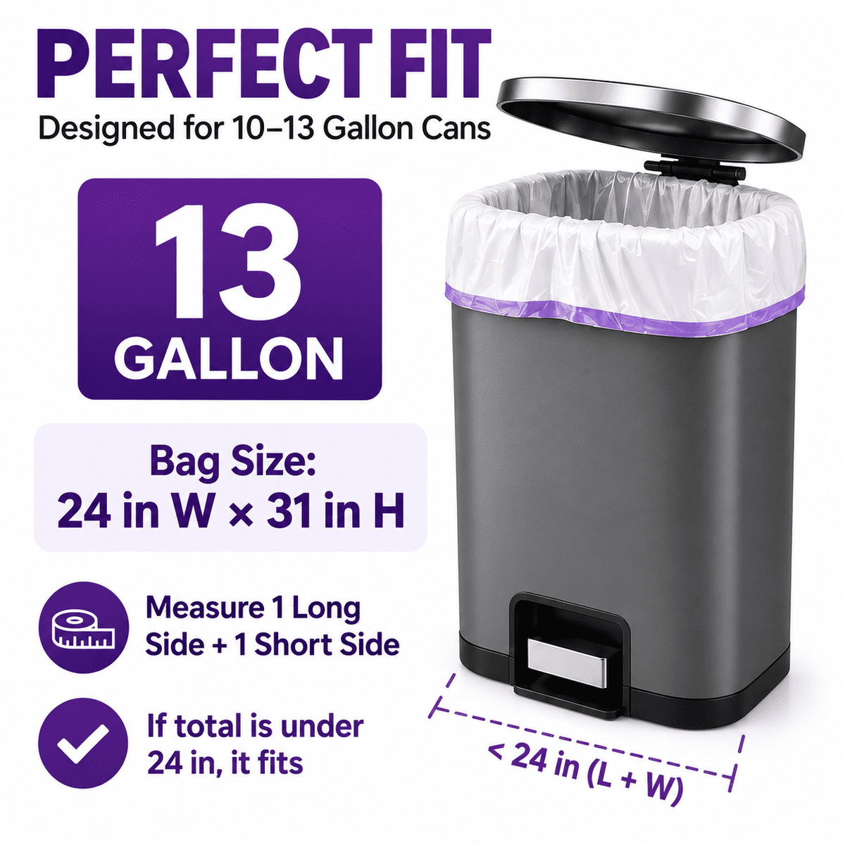 13 Gallon Trash Bags Lavender Scented (100 Count), Tall Kitchen Drawstring Garbage Bags 10-13 Gallon, High Density Bags (White)