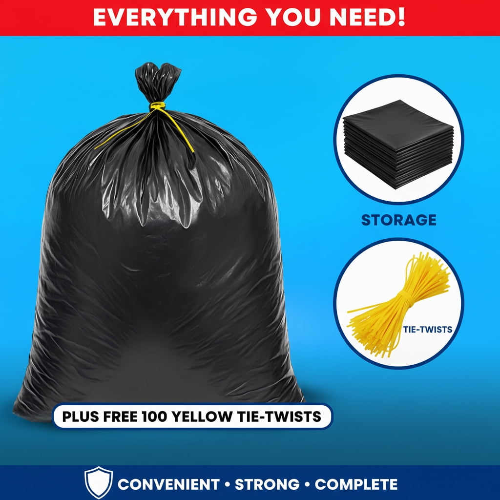 33 Gallon Trash Bags (100 Count), Garbage Bags 30-32 Gallon, High Density Bags with Tying Ropes