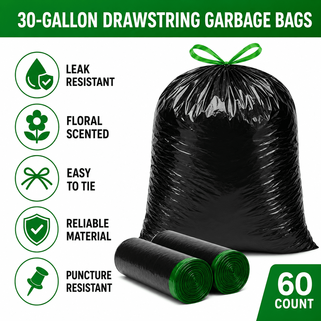30 Gallon White Trash Bags, 60 Count, Floral Scented Drawstring Garbage Bags for Large Kitchen, Office, Garage and Household Cleanup