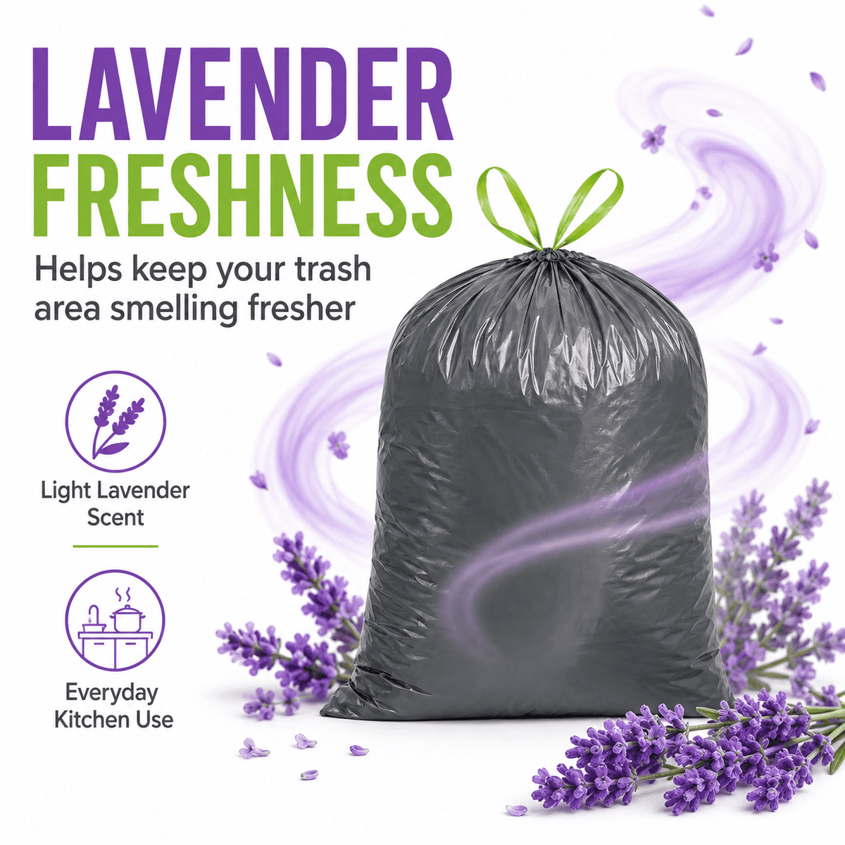 13 Gallon Lavender Scented Trash Bags (100 Count), Tall Kitchen Drawstring Garbage Bags, Gray, High Density, Fits 10–13 Gallon Cans