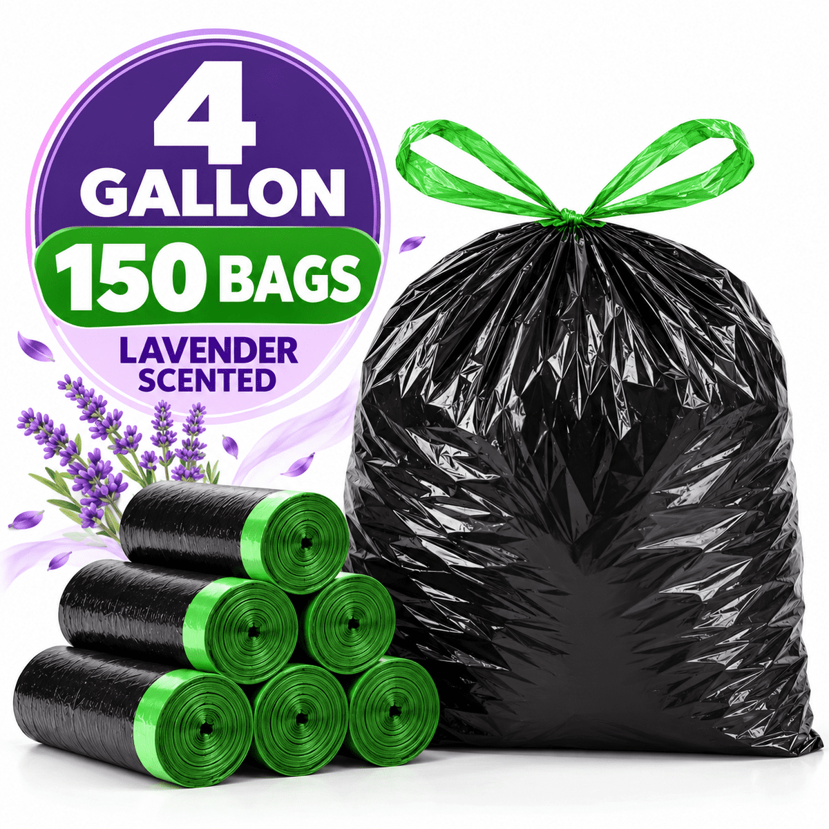 4 Gallon Trash Bags, 150 Count, Lavender Scented Black Drawstring Bags