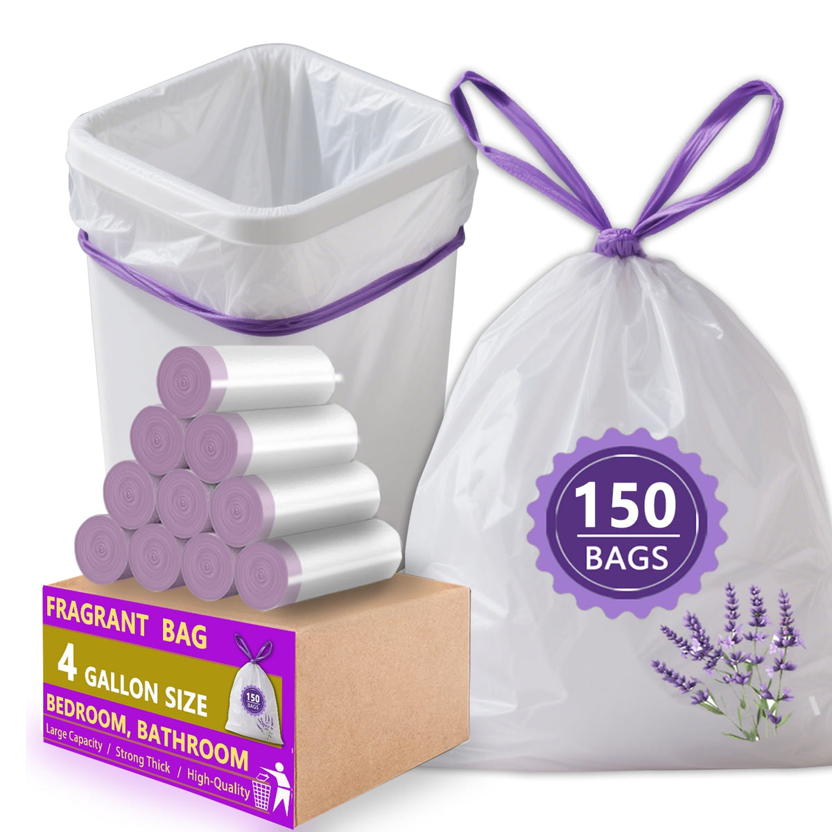 4 Gallon Trash Bags Lavender Scented (150 Count), Small Garbage Bag 4-6 Gallon for Office, Bedroom, Bathroom