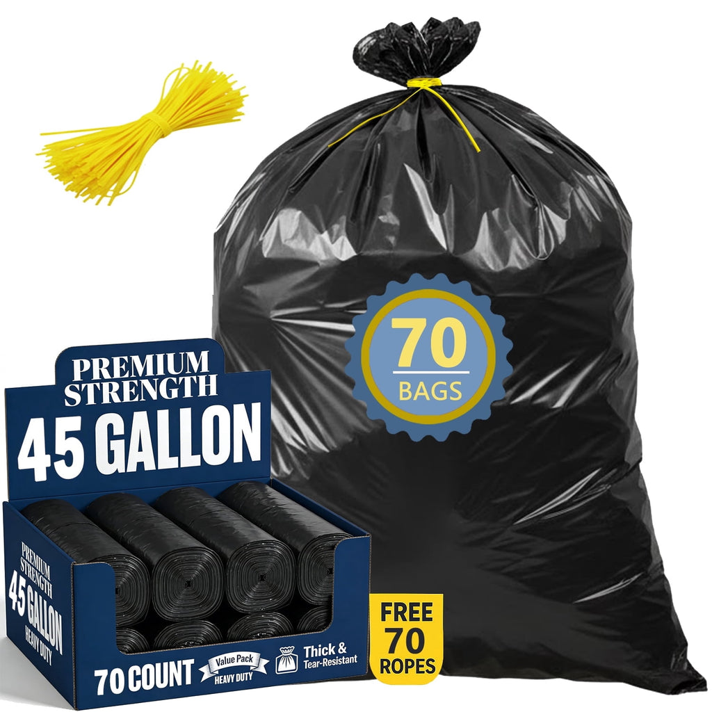 45 Gallon Trash Bags (70 Count), Black Heavy Duty Outdoor Garbage Bags, with Tying Ropes