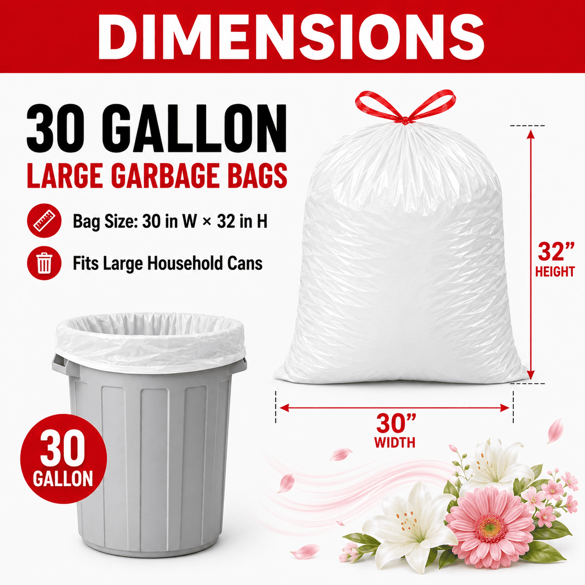 30 Gallon White Trash Bags, 60 Count, Floral Scented Drawstring Garbage Bags for Large Kitchen, Office, Garage and Household Cleanup