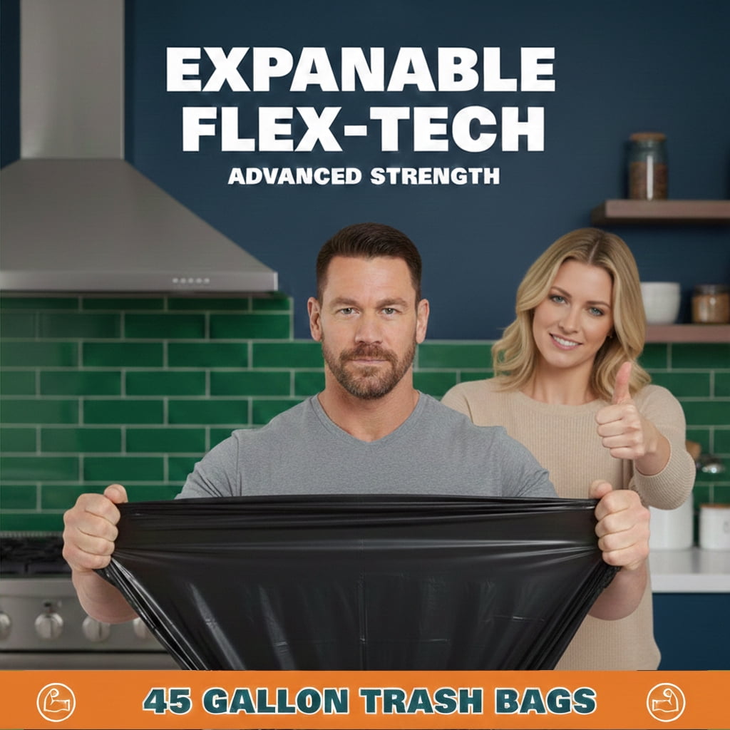 45 Gallon Trash Bags (70 Count), Black Heavy Duty Outdoor Garbage Bags, with Tying Ropes