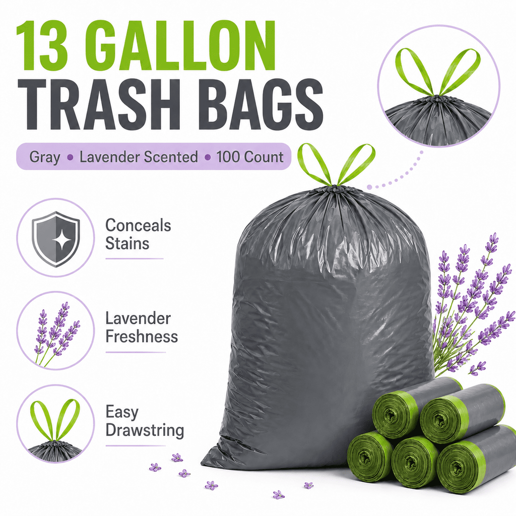 13 Gallon Lavender Scented Trash Bags (100 Count), Tall Kitchen Drawstring Garbage Bags, Gray, High Density, Fits 10–13 Gallon Cans