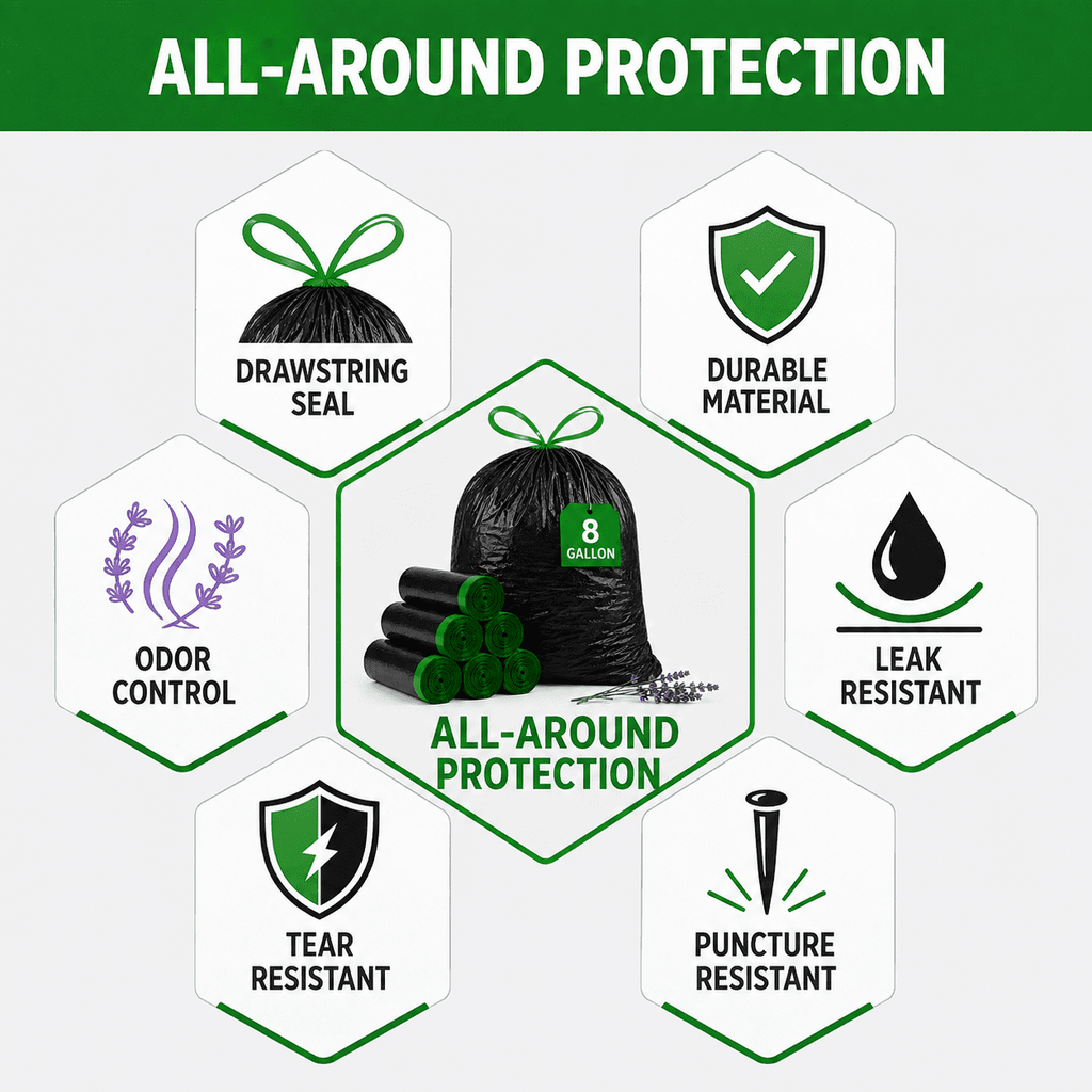 8 Gallon Trash Bags Lavender Scented (100 Count), Black Drawstring Garbage Bags for 6-8 Gallon Cans, Tear Resistant Small Trash Bags for Kitchen, Bathroom, Office Waste Odor Control