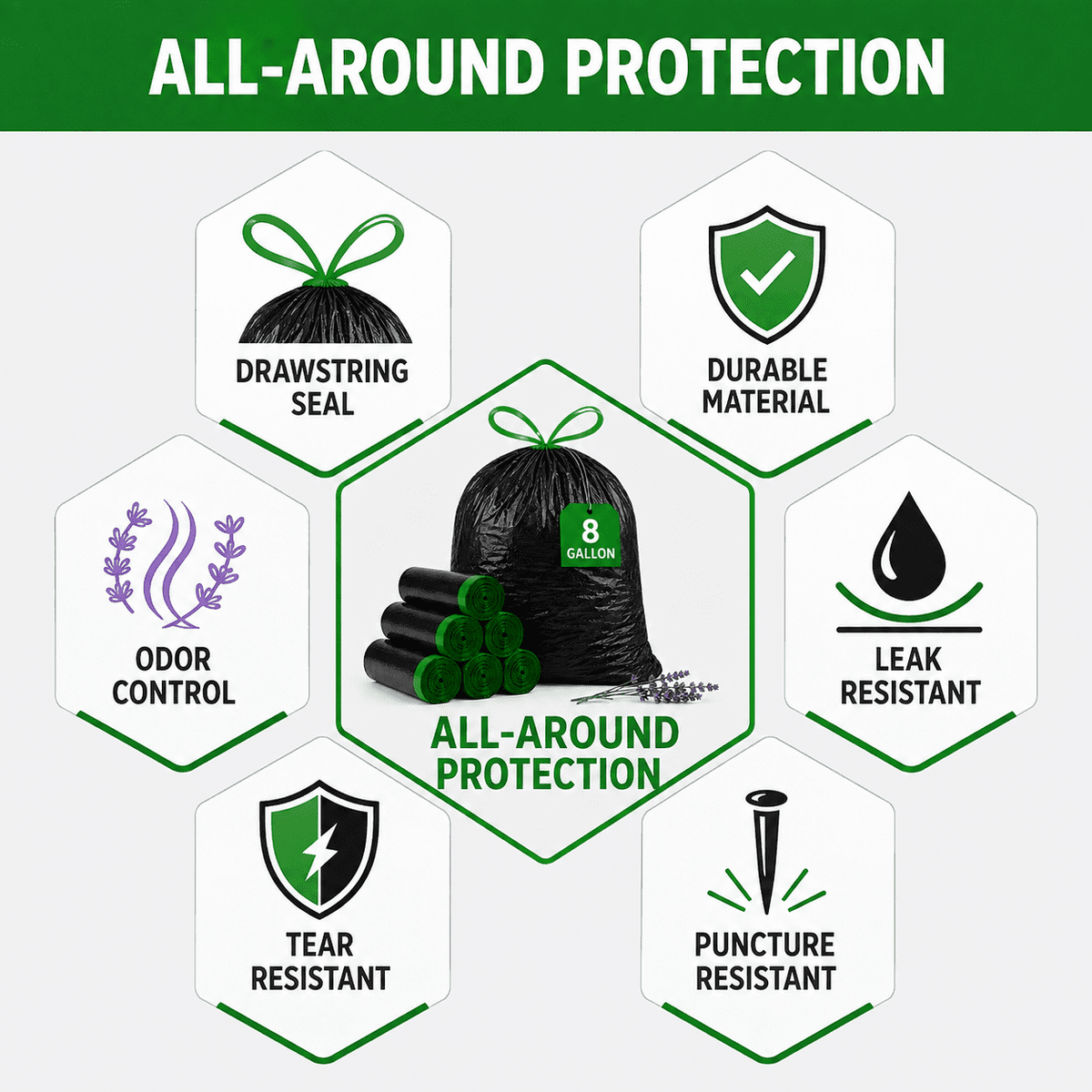 8 Gallon Trash Bags Lavender Scented (100 Count), Black Drawstring Garbage Bags for 6-8 Gallon Cans, Tear Resistant Small Trash Bags for Kitchen, Bathroom, Office Waste Odor Control