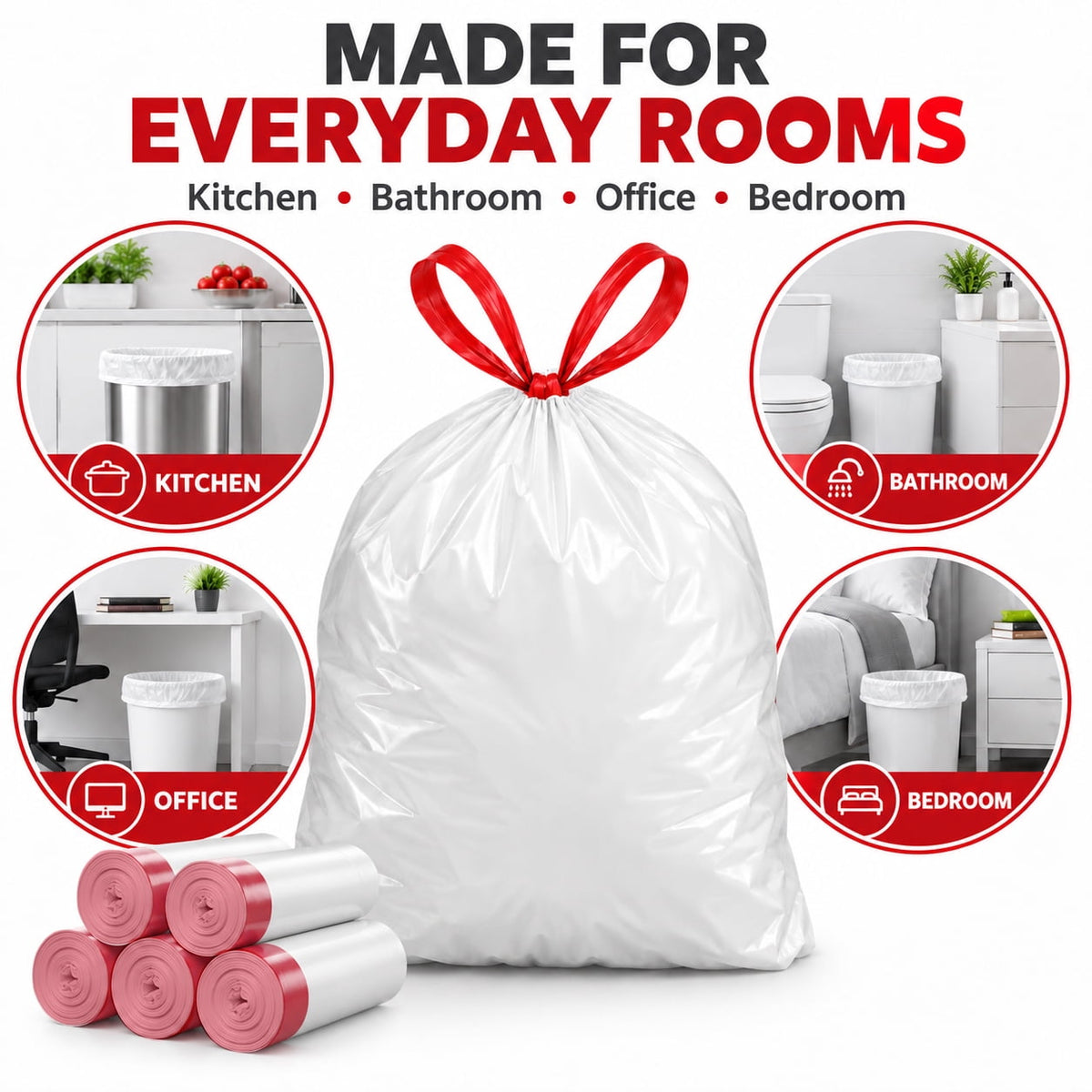 8 Gallon Trash Bags, 100 Count, White Garbage Bags with Red Drawstrings for 6-10 Gallon Cans, Kitchen, Office, Bedroom, Bathroom