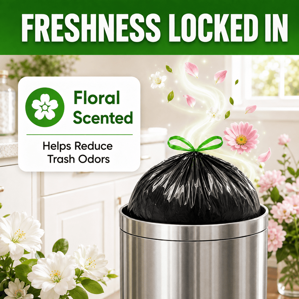 30 Gallon White Trash Bags, 60 Count, Floral Scented Drawstring Garbage Bags for Large Kitchen, Office, Garage and Household Cleanup