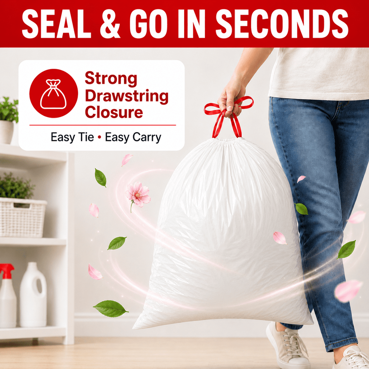 30 Gallon White Trash Bags, 60 Count, Floral Scented Drawstring Garbage Bags for Large Kitchen, Office, Garage and Household Cleanup