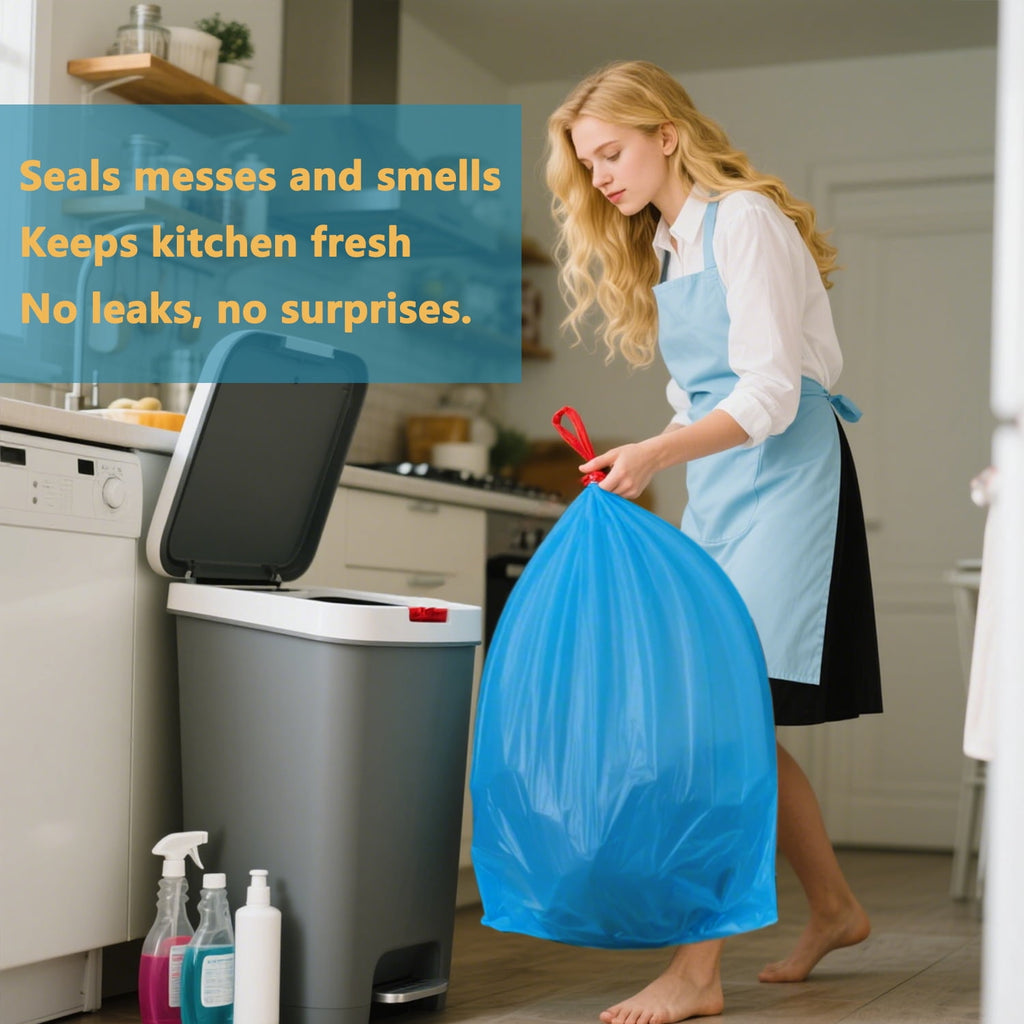 13 gallon Trash Bags Drawstring (Count 100), Tall Kitchen Garbage Bags, Blue