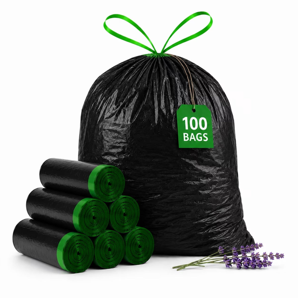 8 Gallon Trash Bags Lavender Scented (100 Count), Black Drawstring Garbage Bags for 6-8 Gallon Cans, Tear Resistant Small Trash Bags for Kitchen, Bathroom, Office Waste Odor Control