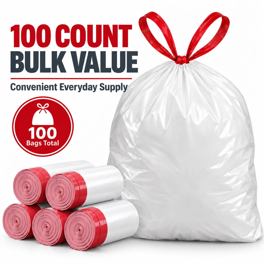 8 Gallon Trash Bags, 100 Count, White Garbage Bags with Red Drawstrings for 6-10 Gallon Cans, Kitchen, Office, Bedroom, Bathroom