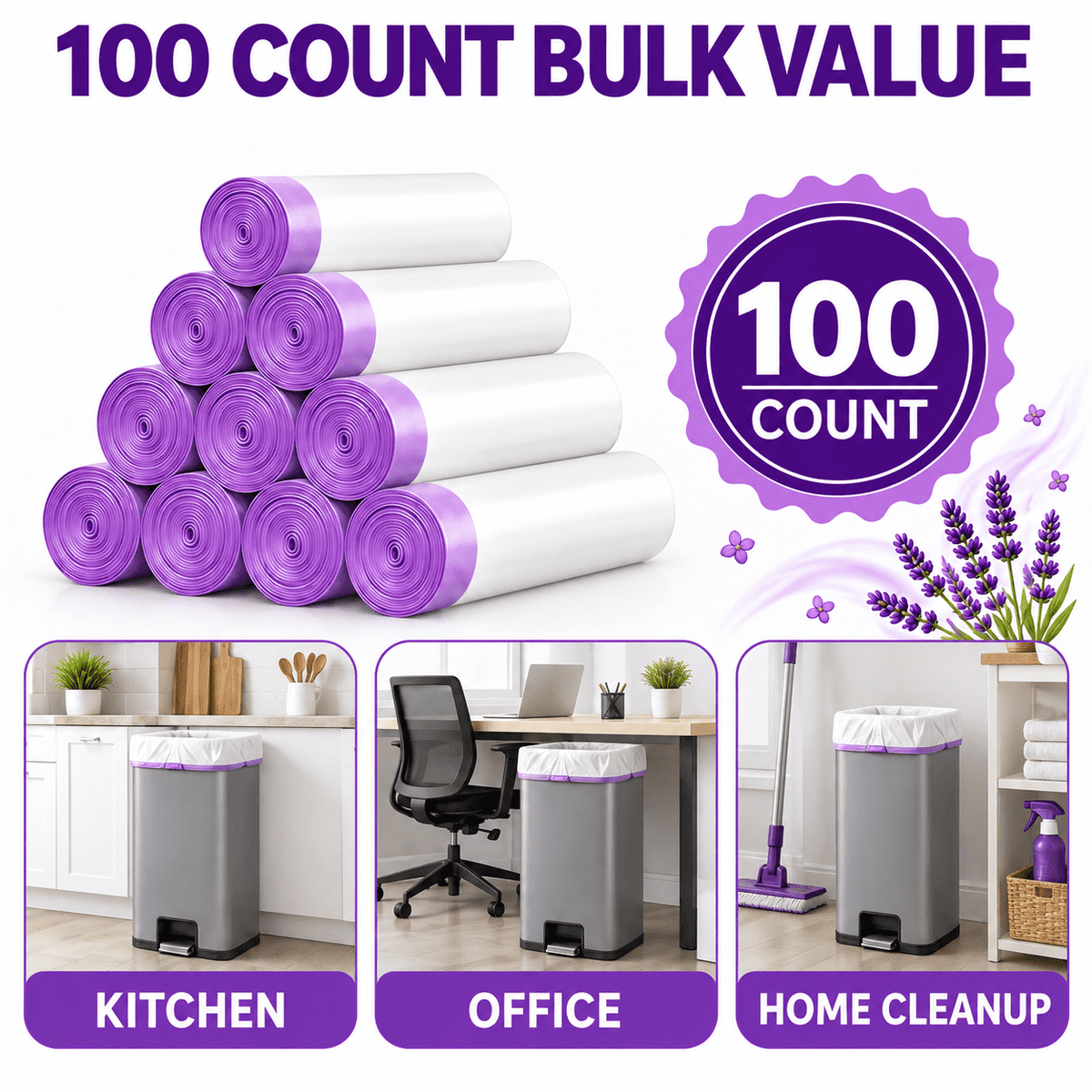 13 Gallon Trash Bags Lavender Scented (100 Count), Tall Kitchen Drawstring Garbage Bags 10-13 Gallon, High Density Bags (White)