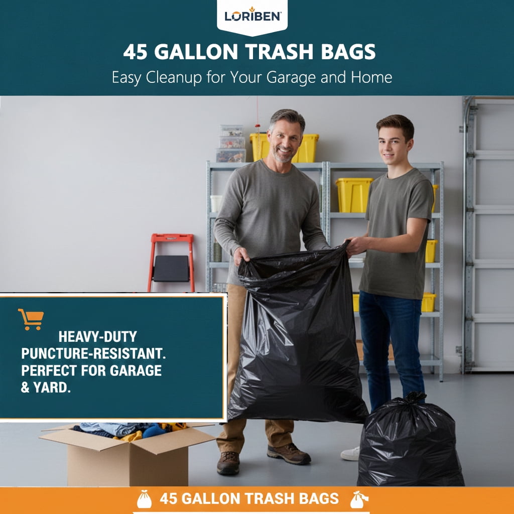 45 Gallon Trash Bags (70 Count), Black Heavy Duty Outdoor Garbage Bags, with Tying Ropes