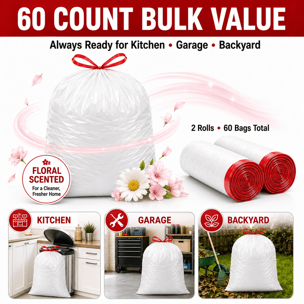 30 Gallon White Trash Bags, 60 Count, Floral Scented Drawstring Garbage Bags for Large Kitchen, Office, Garage and Household Cleanup