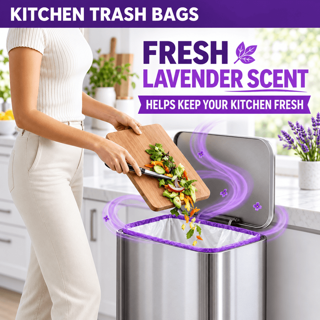 13 Gallon Trash Bags Lavender Scented (100 Count), Tall Kitchen Drawstring Garbage Bags 10-13 Gallon, High Density Bags (White)