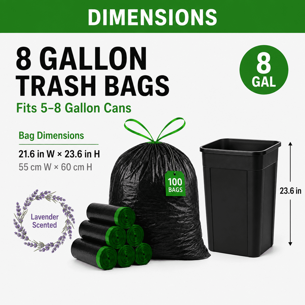 8 Gallon Trash Bags Lavender Scented (100 Count), Black Drawstring Garbage Bags for 6-8 Gallon Cans, Tear Resistant Small Trash Bags for Kitchen, Bathroom, Office Waste Odor Control