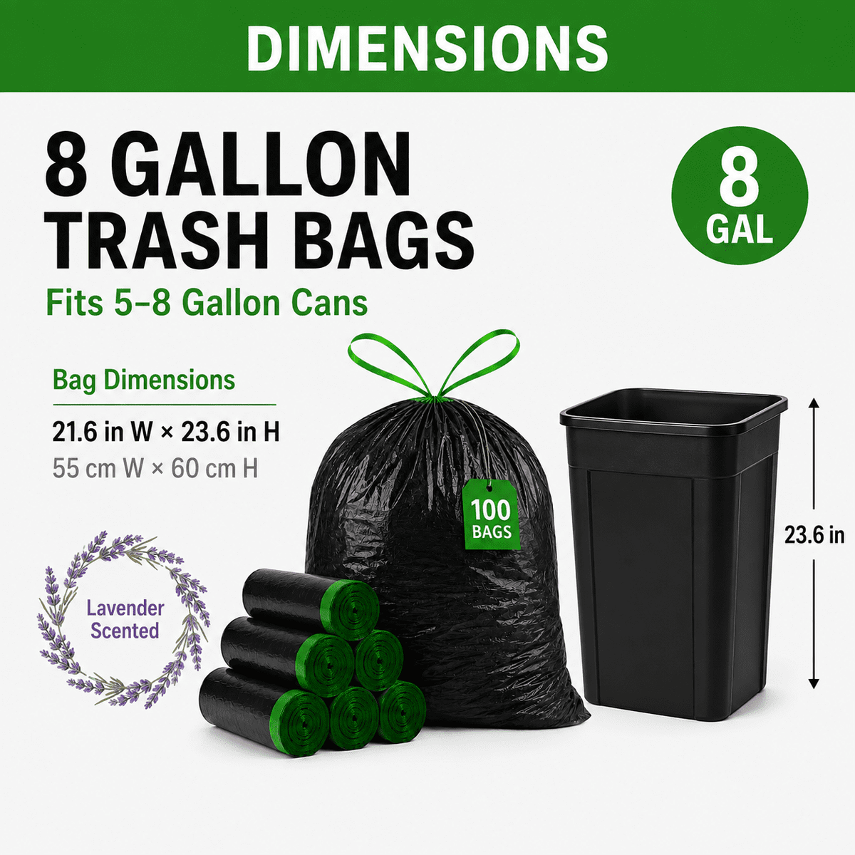 8 Gallon Trash Bags Lavender Scented (100 Count), Black Drawstring Garbage Bags for 6-8 Gallon Cans, Tear Resistant Small Trash Bags for Kitchen, Bathroom, Office Waste Odor Control