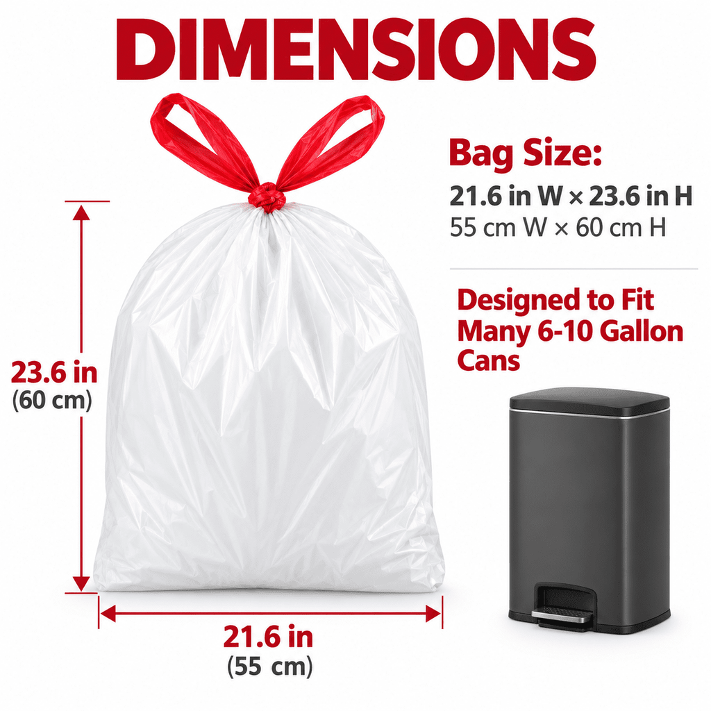 8 Gallon Trash Bags, 100 Count, White Garbage Bags with Red Drawstrings for 6-10 Gallon Cans, Kitchen, Office, Bedroom, Bathroom