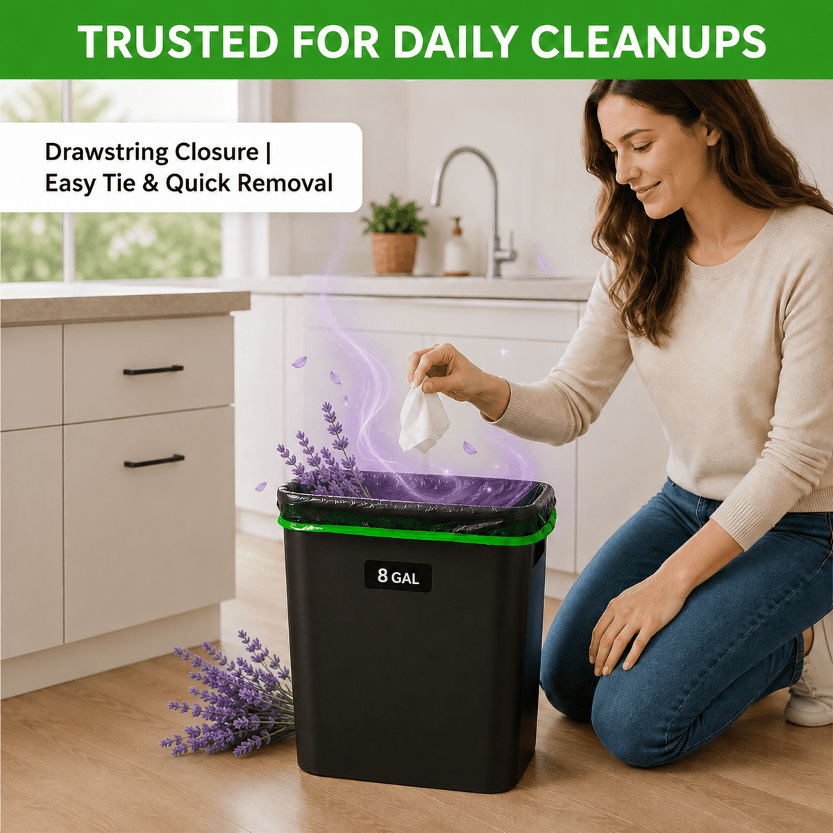 8 Gallon Trash Bags Lavender Scented (100 Count), Black Drawstring Garbage Bags for 6-8 Gallon Cans, Tear Resistant Small Trash Bags for Kitchen, Bathroom, Office Waste Odor Control