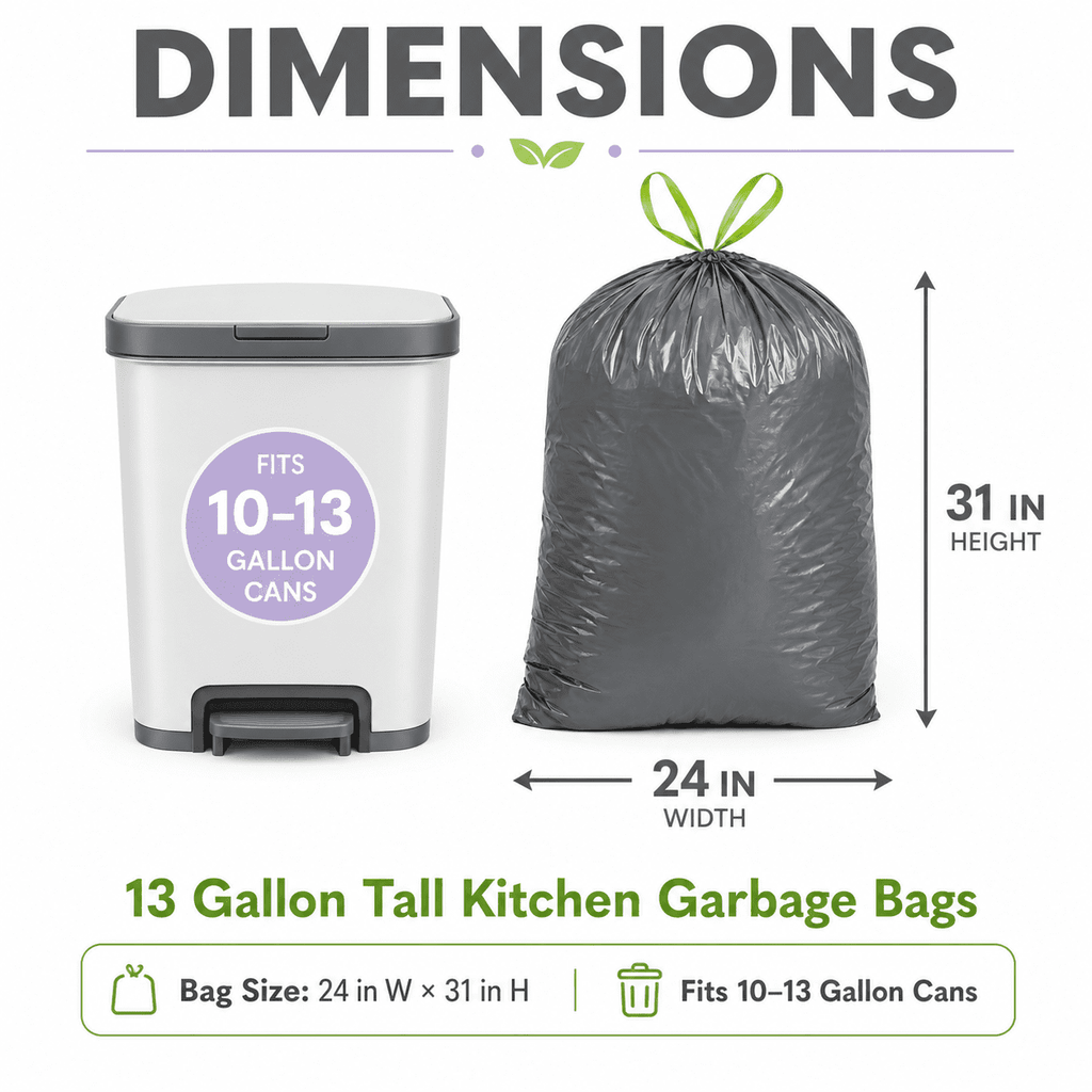 13 Gallon Lavender Scented Trash Bags (100 Count), Tall Kitchen Drawstring Garbage Bags, Gray, High Density, Fits 10–13 Gallon Cans
