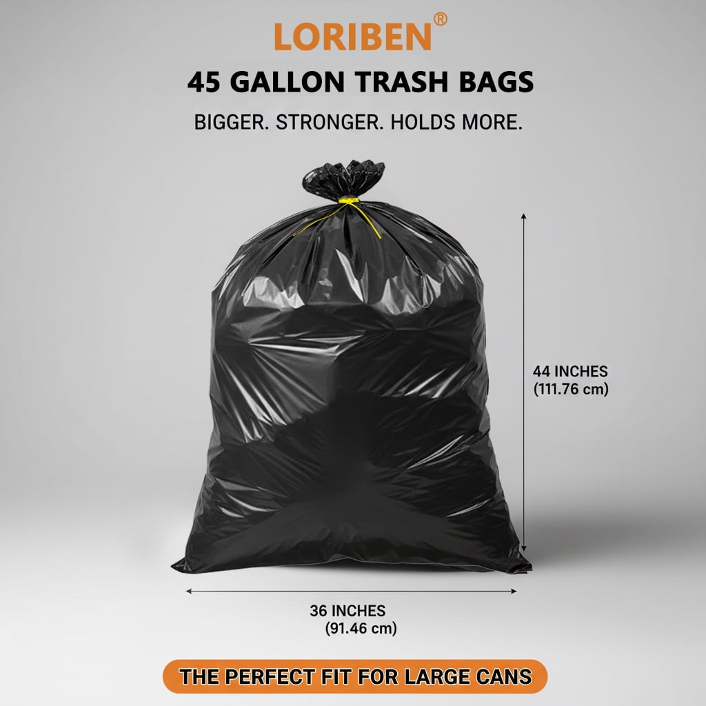 45 Gallon Trash Bags (70 Count), Black Heavy Duty Outdoor Garbage Bags, with Tying Ropes