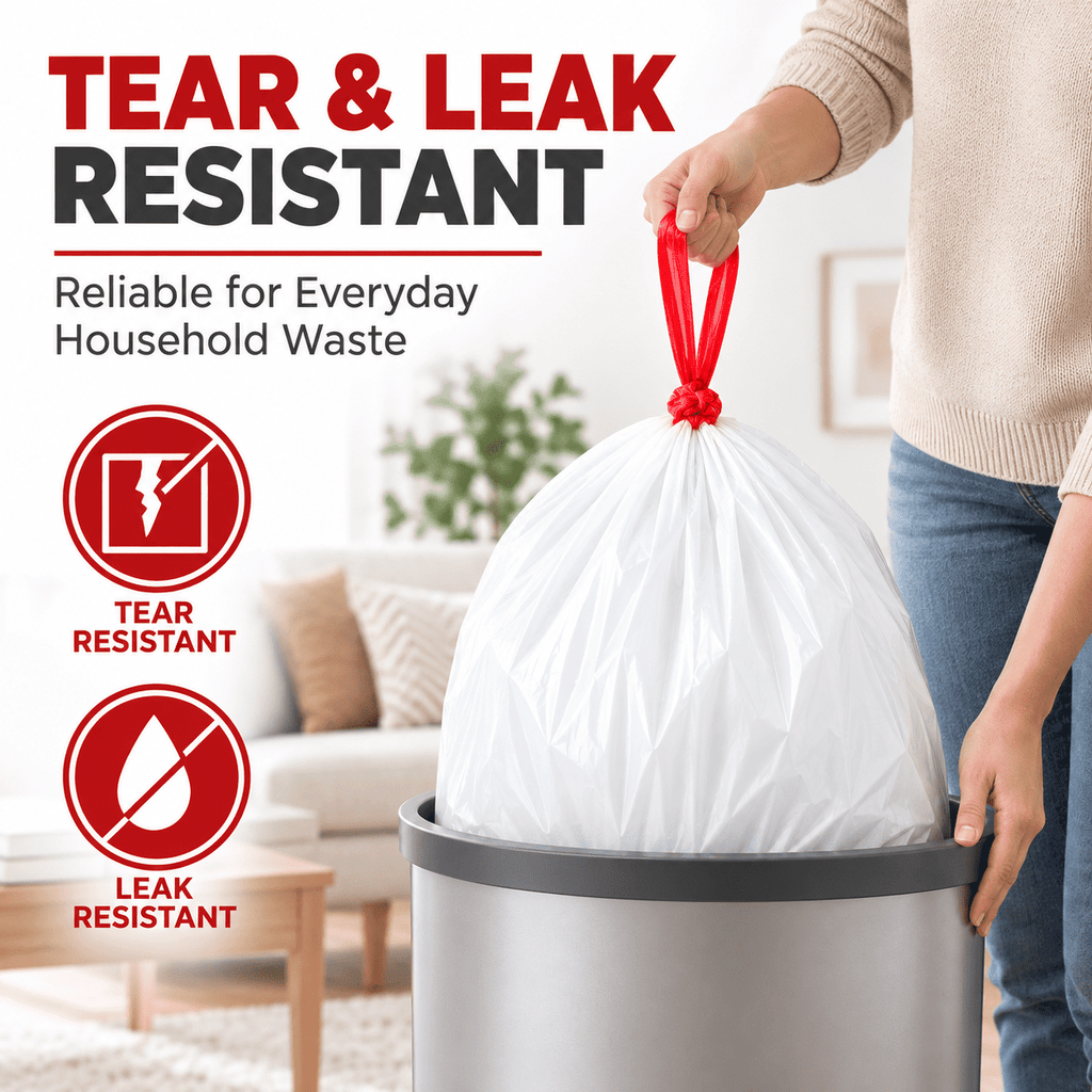 8 Gallon Trash Bags, 100 Count, White Garbage Bags with Red Drawstrings for 6-10 Gallon Cans, Kitchen, Office, Bedroom, Bathroom