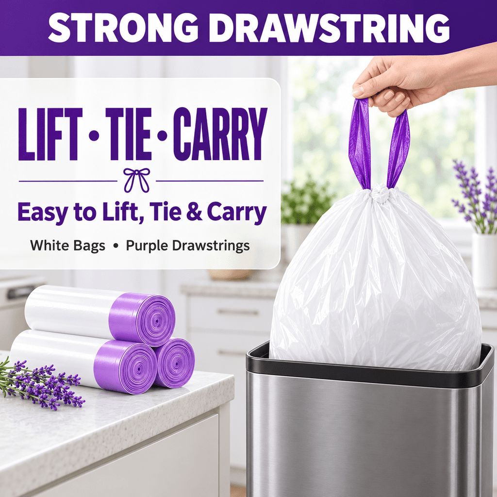 13 Gallon Trash Bags Lavender Scented (100 Count), Tall Kitchen Drawstring Garbage Bags 10-13 Gallon, High Density Bags (White)