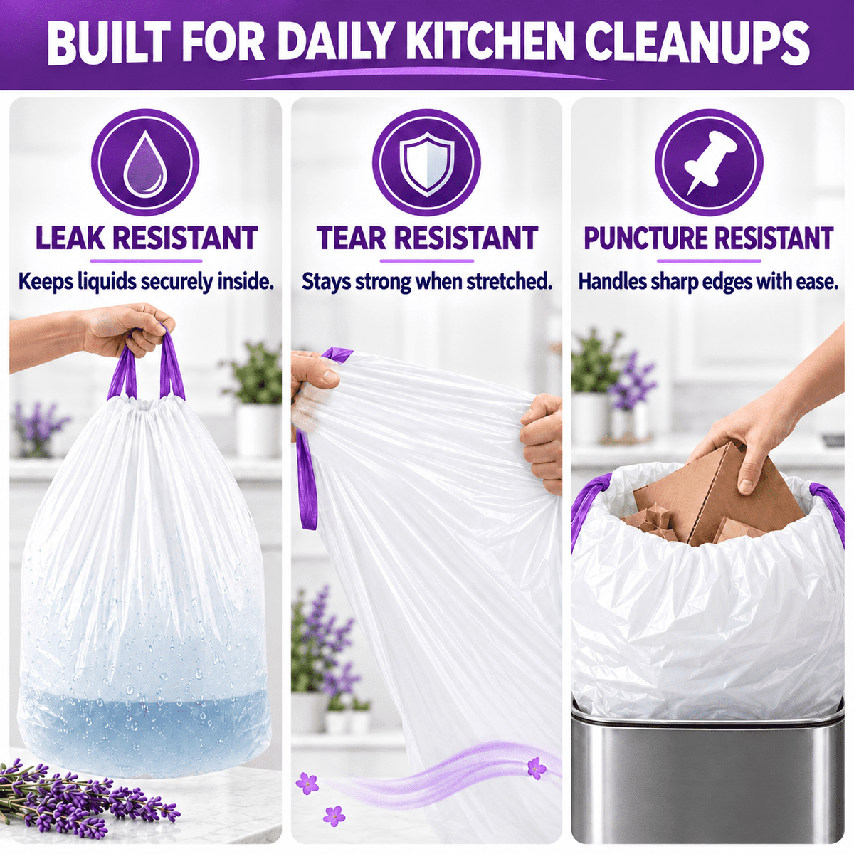 13 Gallon Trash Bags Lavender Scented (100 Count), Tall Kitchen Drawstring Garbage Bags 10-13 Gallon, High Density Bags (White)