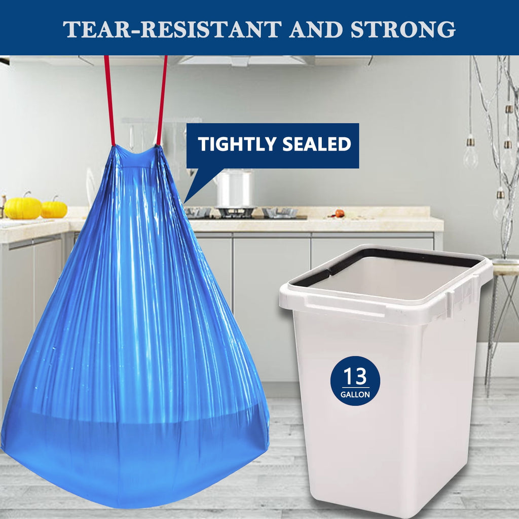 13 gallon Trash Bags Drawstring (Count 100), Tall Kitchen Garbage Bags, Blue