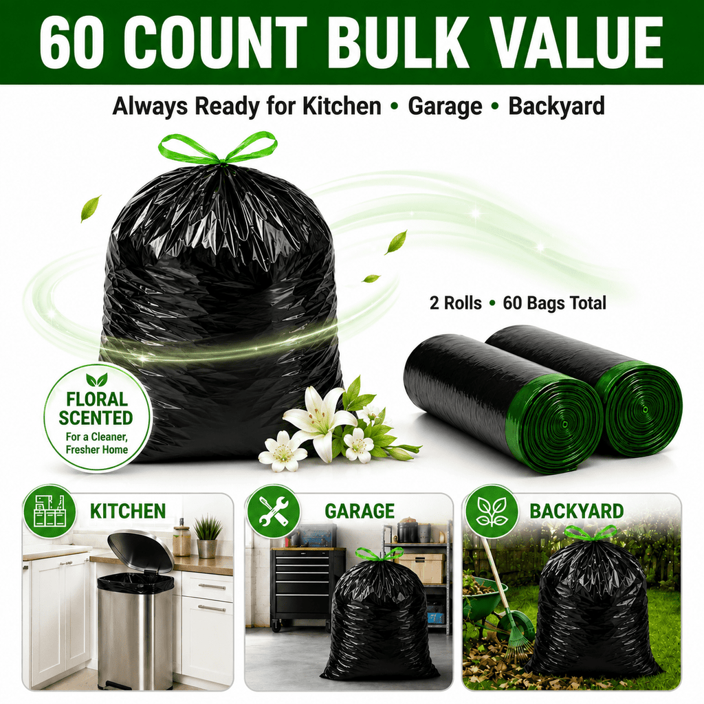 30 Gallon White Trash Bags, 60 Count, Floral Scented Drawstring Garbage Bags for Large Kitchen, Office, Garage and Household Cleanup